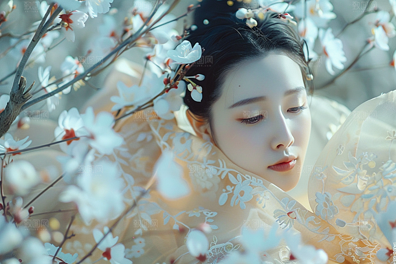花卉汉服人物人像花丛摄影图