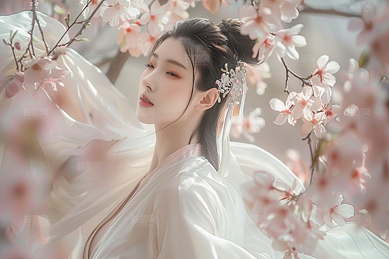 花卉汉服人物中国风美景摄影图