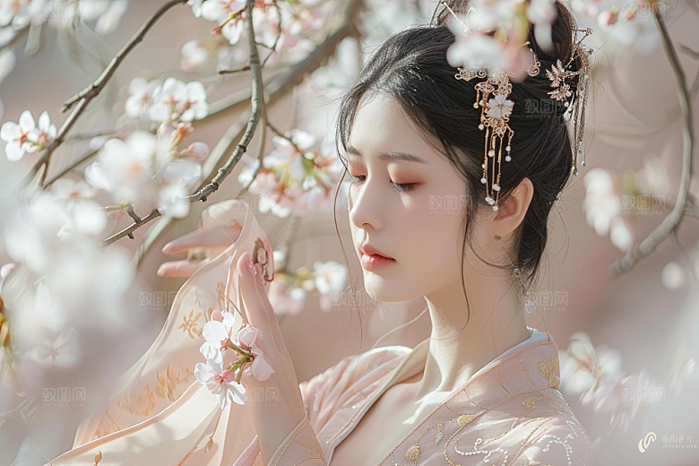 花卉汉服人物美女人像摄影图