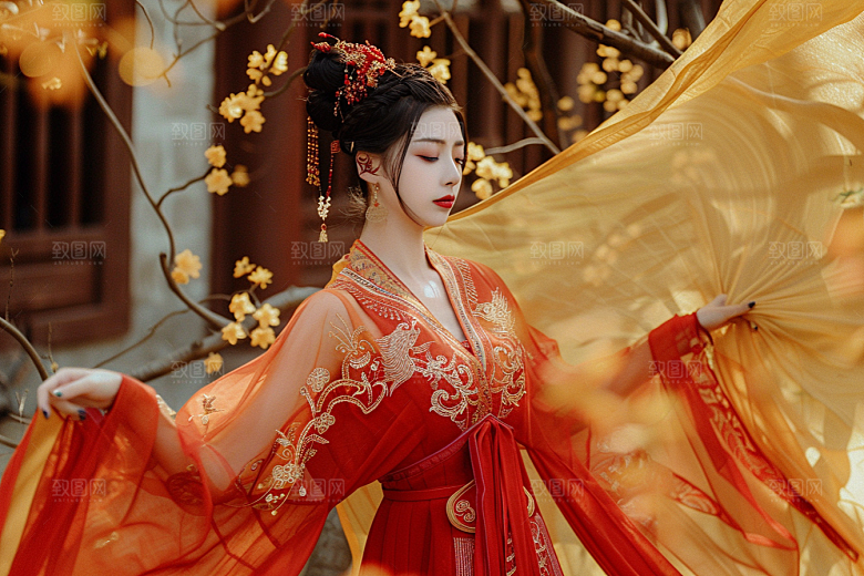 花卉汉服人物美景花丛摄影图