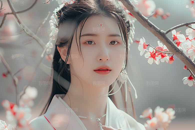 花卉汉服人物园林中国风摄影图