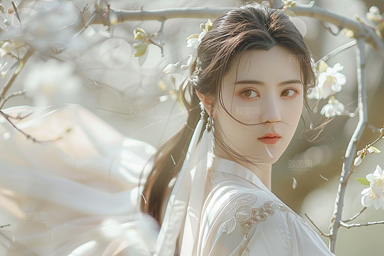 花卉汉服人物花丛高清摄影图
