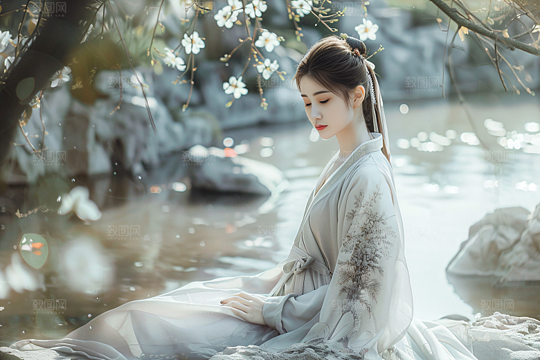 花卉汉服人物中国风高清摄影图