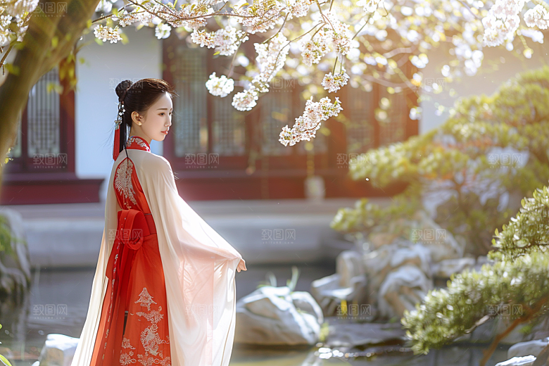 花卉汉服人物美景中国风摄影图
