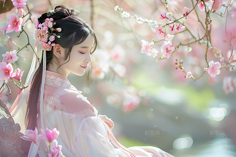 花卉汉服人物中国风中式摄影图