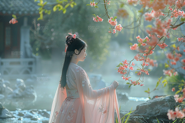 花卉汉服人物人像园林摄影图