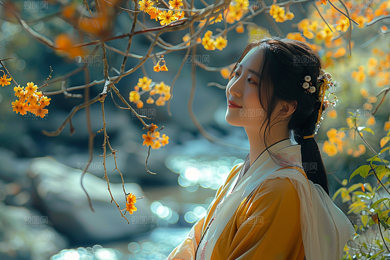 花卉汉服人物园林唯美摄影图