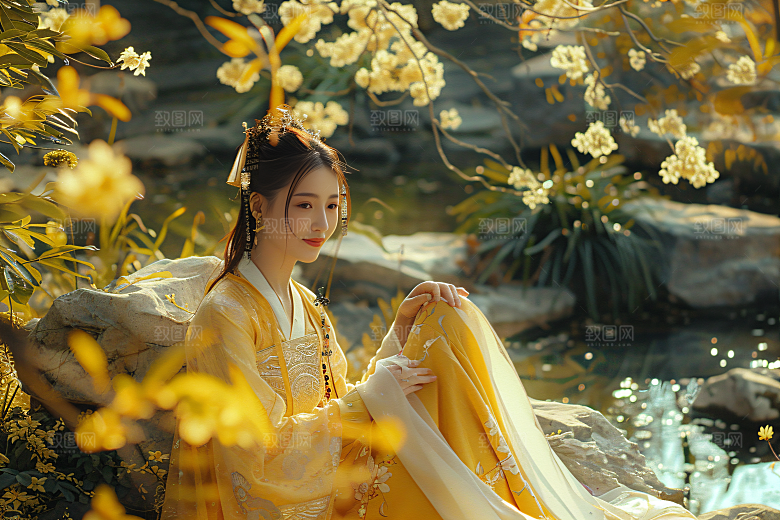 花卉汉服人物花丛中式摄影图