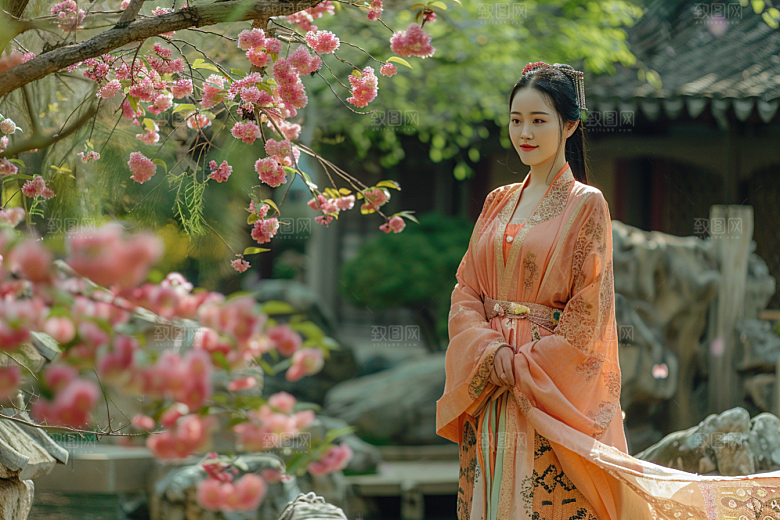 花卉汉服人物中式园林摄影图