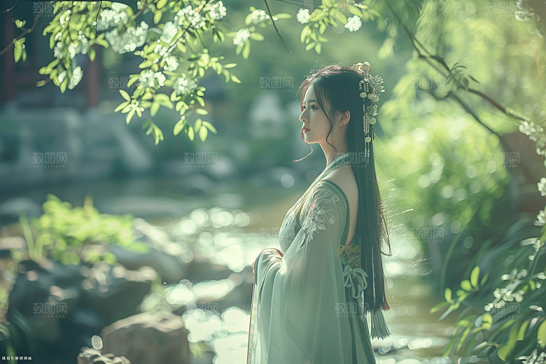 花卉汉服人物美景人像摄影图