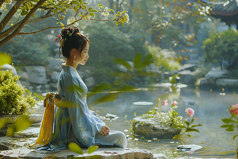 花卉汉服人物中式美景摄影图