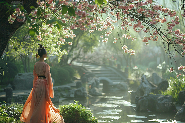花卉汉服人物唯美花丛摄影图