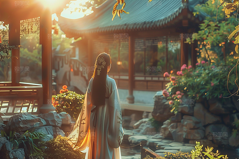 花卉汉服人物美景园林摄影图
