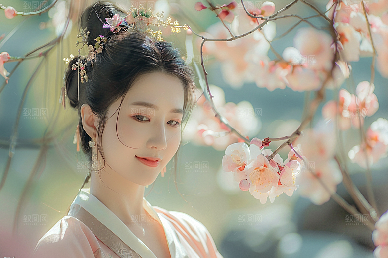 花卉汉服人物中式花丛摄影图