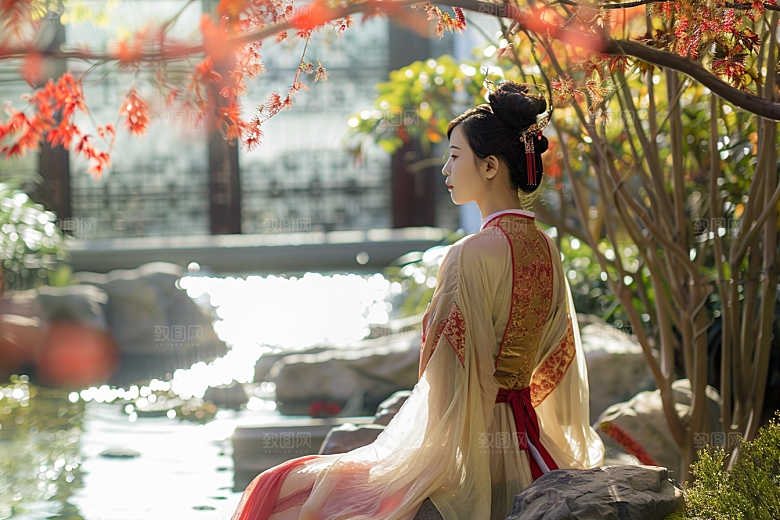 花卉汉服人物中式花丛摄影图