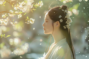 花卉汉服人物中国风美景摄影图