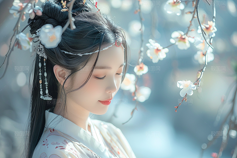 花卉汉服人物人像美景摄影图