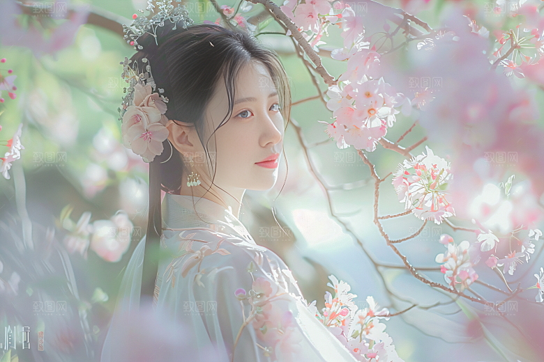 花卉汉服人物花丛人像摄影图