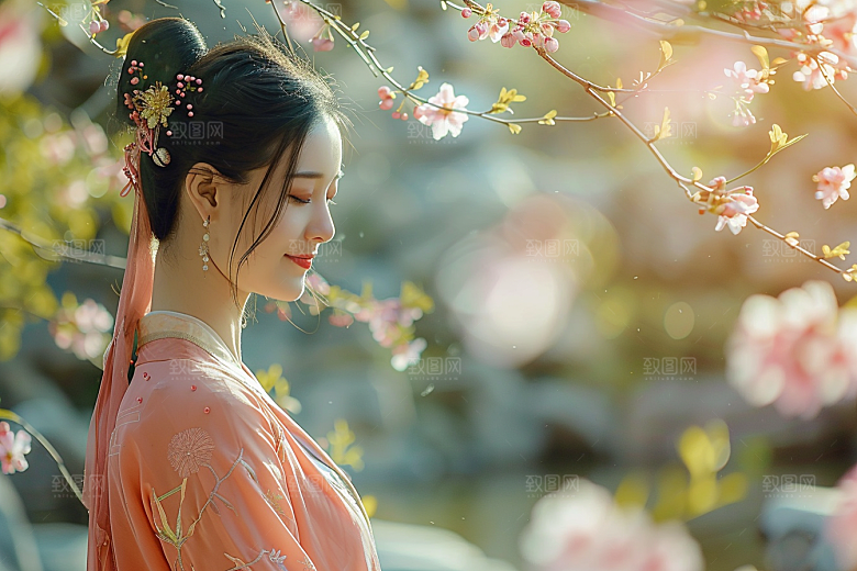 花卉汉服人物园林写真摄影图