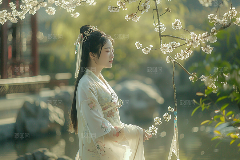 花卉汉服人物写真园林摄影图