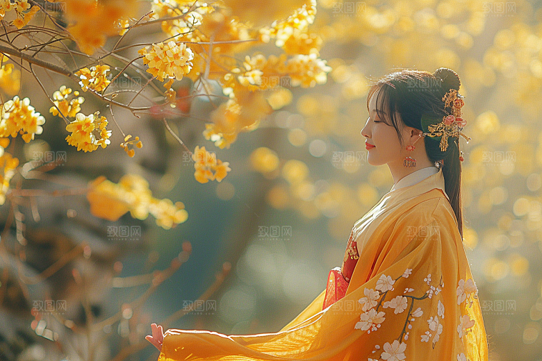 花卉汉服人物花丛园林摄影图