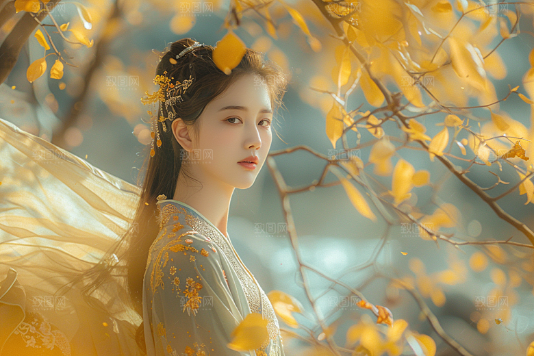 花卉汉服人物园林中式摄影图