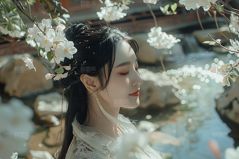 花卉汉服人物唯美浪漫摄影图