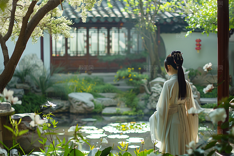 花卉汉服人物唯美浪漫摄影图