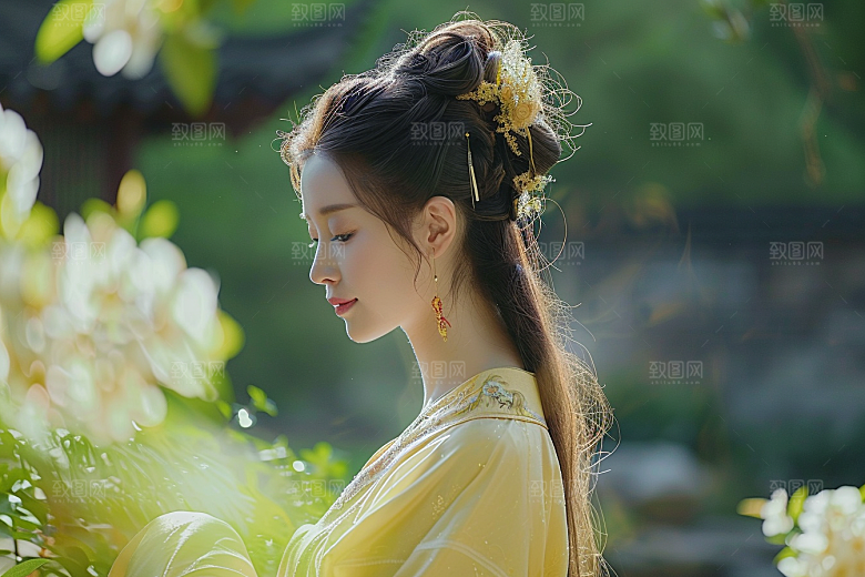 花卉汉服人物写真中式摄影图