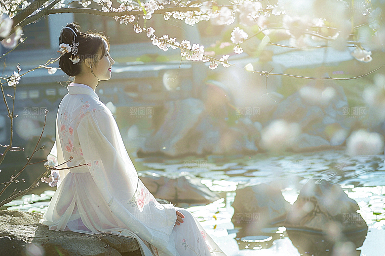 花卉汉服人物园林写真摄影图