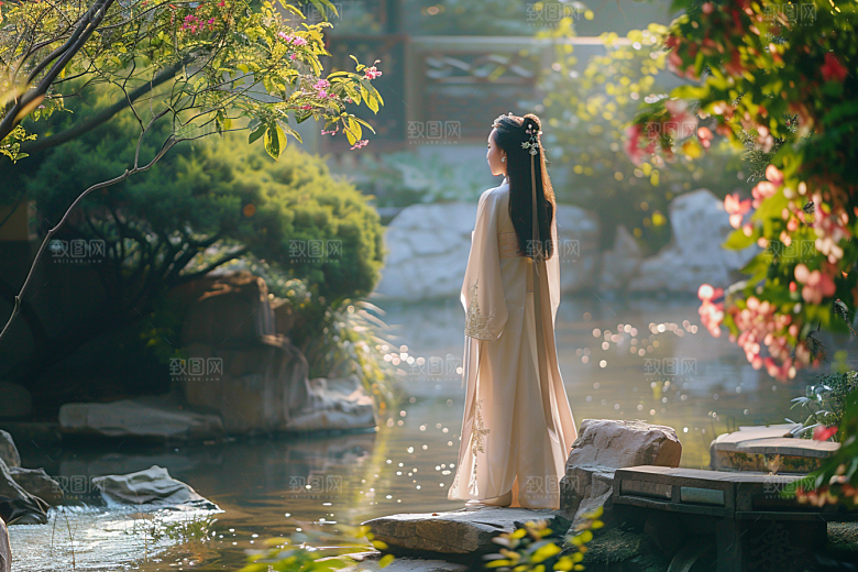 花卉汉服人物园林人像摄影图