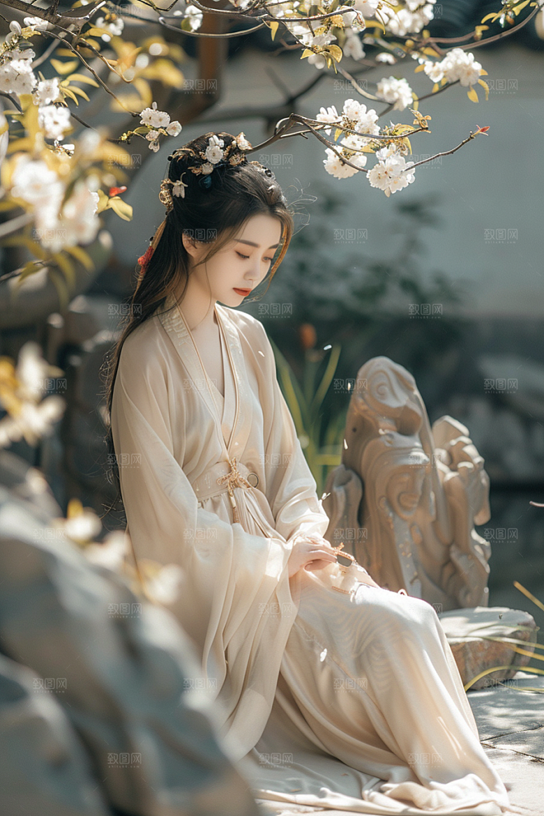 花卉汉服人物园林花丛摄影图