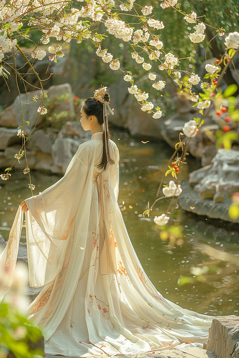 花卉汉服人物园林中式摄影图