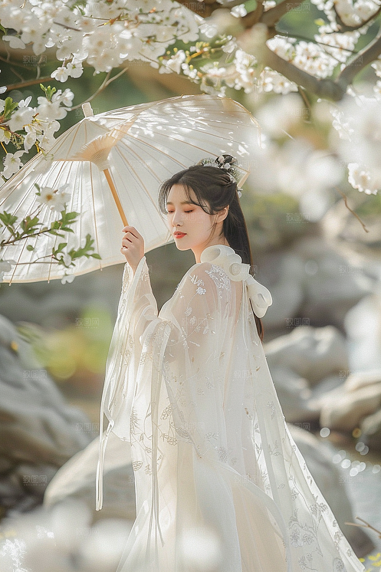 花卉汉服人物园林花丛摄影图