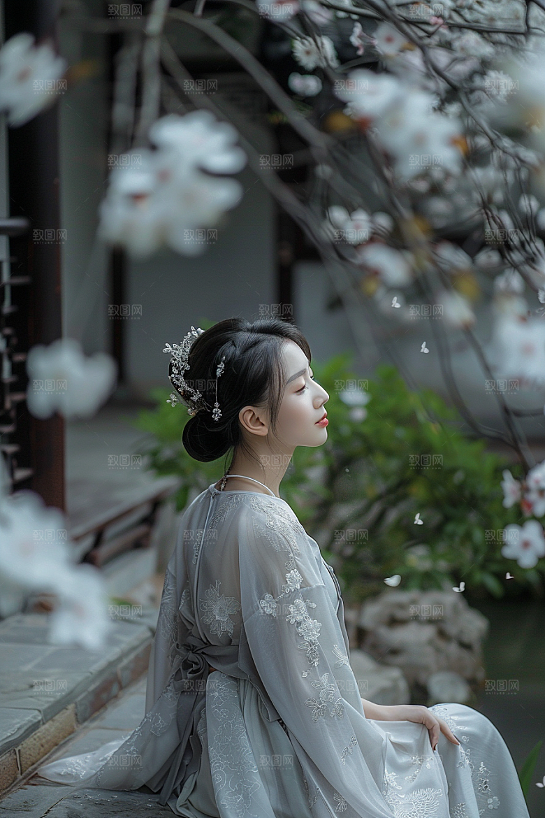 花卉汉服人物花丛美女摄影图