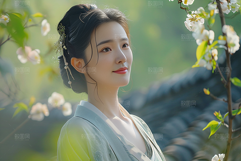 花卉汉服人物中式花丛摄影图