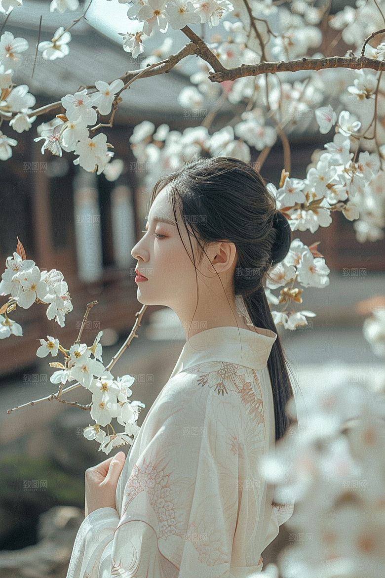 花卉汉服人物花丛中式摄影图