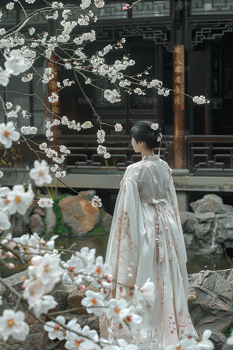 花卉汉服人物园林美景摄影图