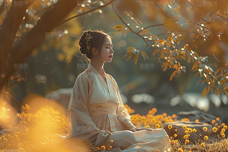 花卉汉服人物美女园林摄影图