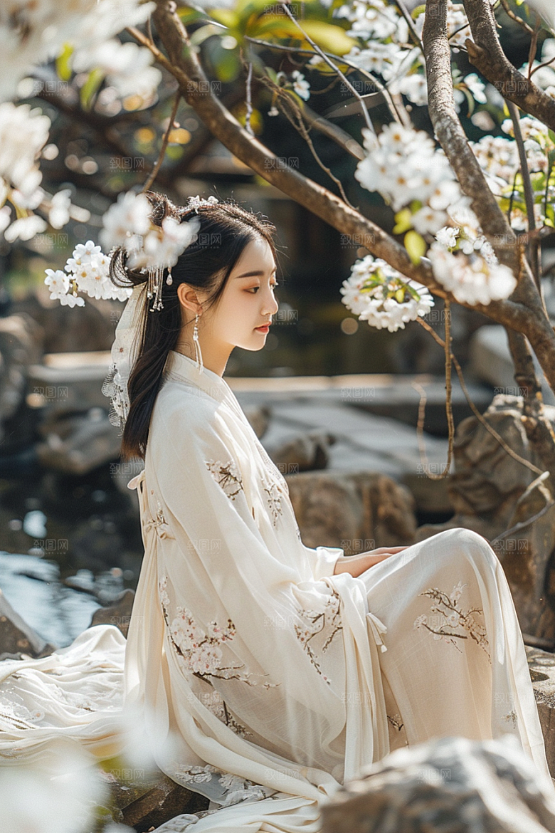 花卉汉服人物园林唯美摄影图
