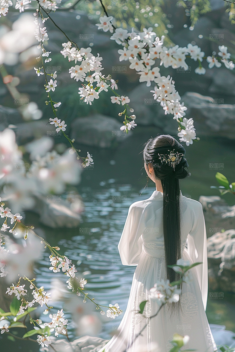 花卉汉服人物人像园林摄影图