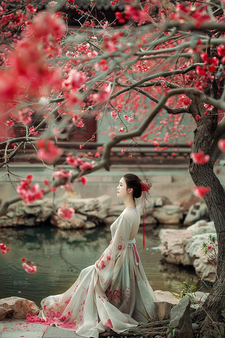 花卉汉服人物美女中国风摄影图