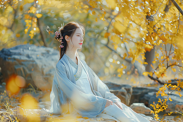 花卉汉服人物美景中式摄影图