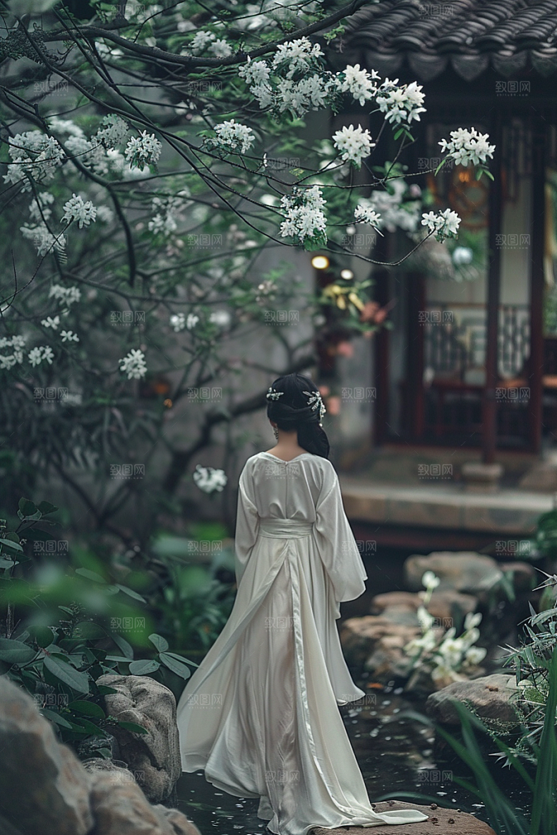 花卉汉服人物花丛园林摄影图