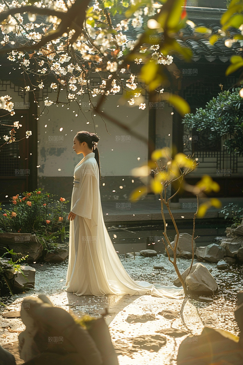 花卉汉服人物花丛唯美摄影图