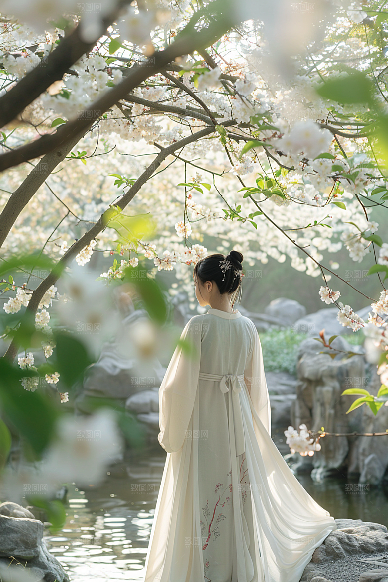 花卉汉服人物唯美花丛摄影图