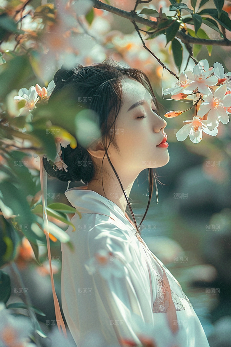 花卉汉服人物唯美浪漫摄影图