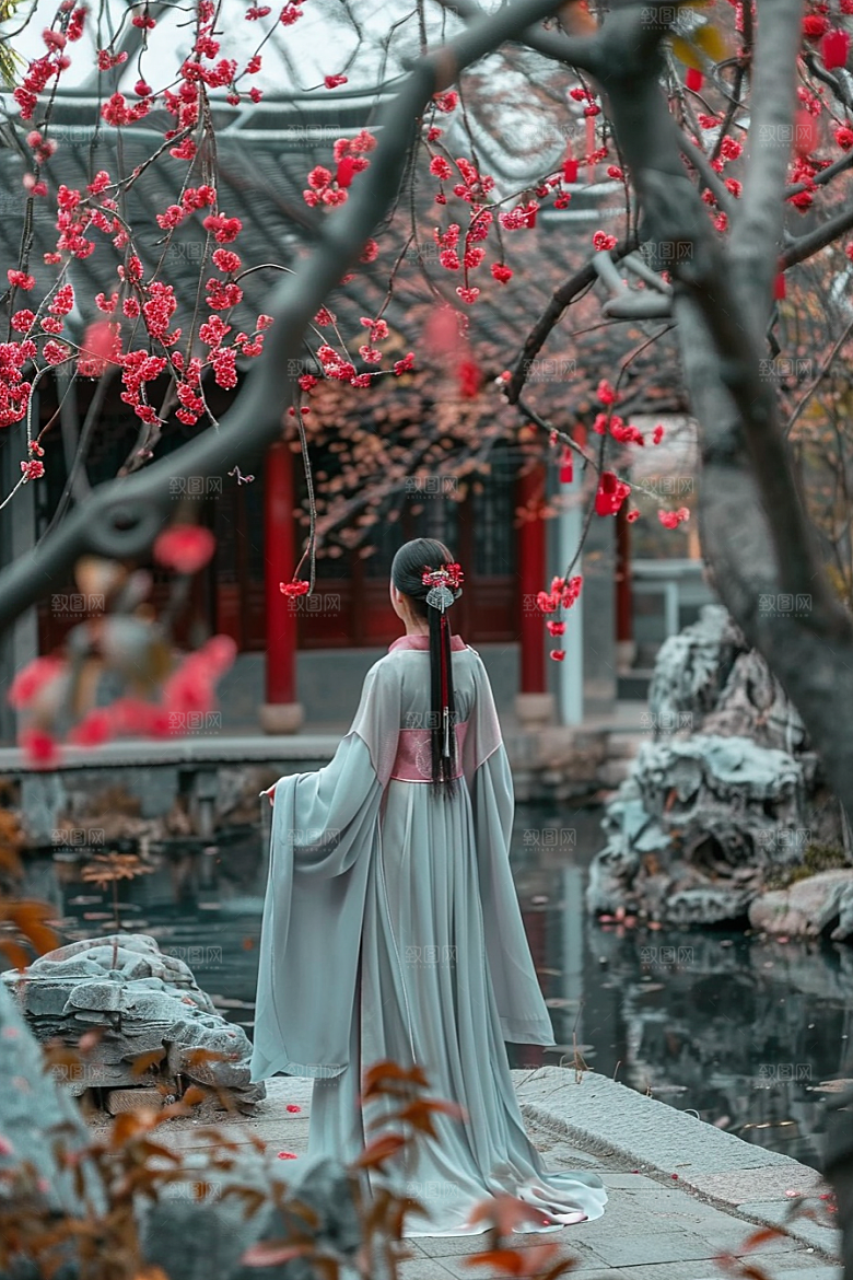 花卉汉服人物园林唯美摄影图