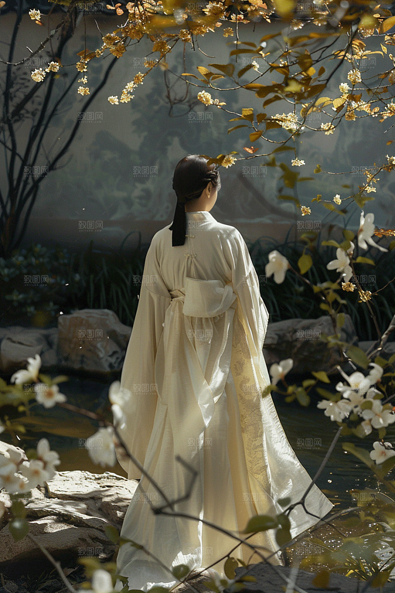 花卉汉服人物园林高清摄影图