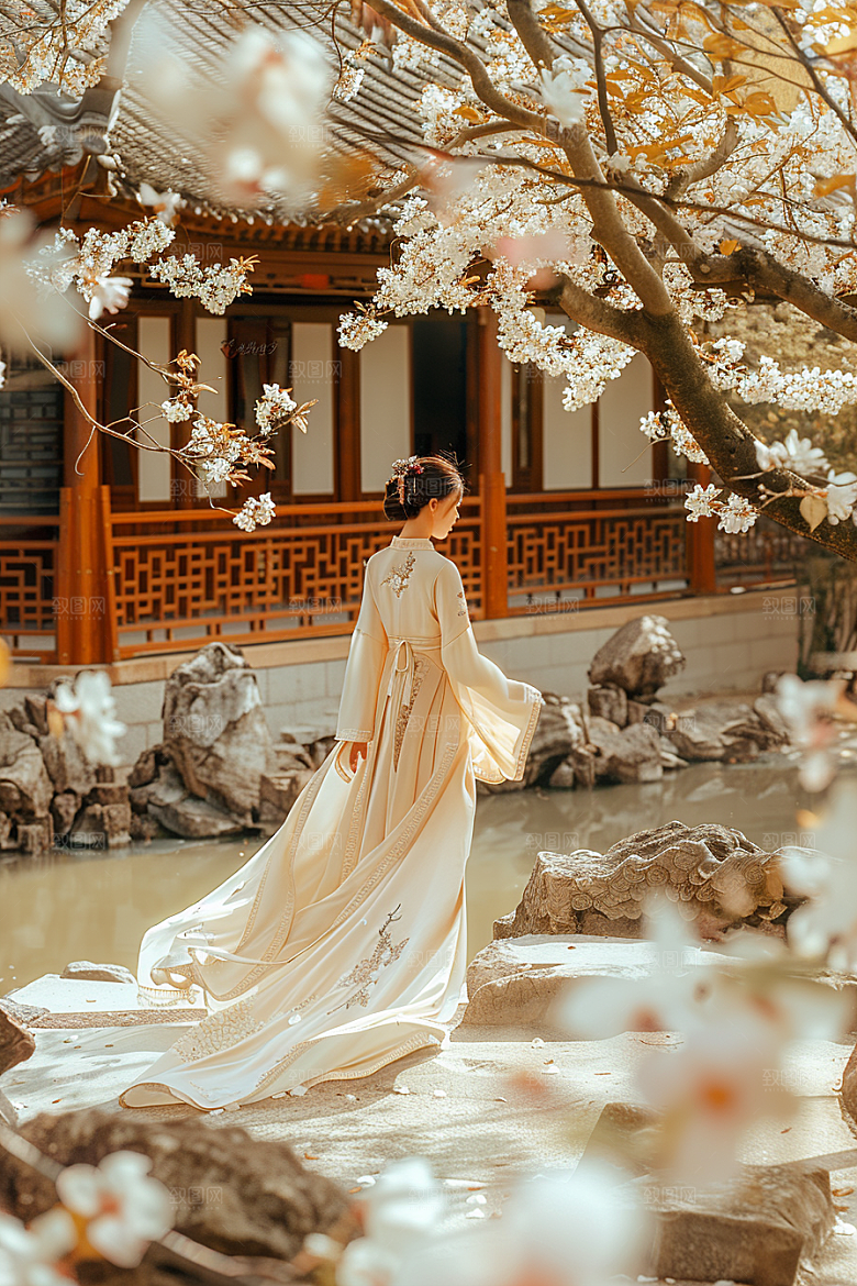 花卉汉服人物园林中国风摄影图